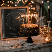 A wood-framed star map print beside a chocolate birthday cake topped with lit sparklers, among fairy lights