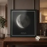 Personalised square moon phase print in a black frame on a wooden console table