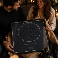 A couple on a sofa smiling down at a large framed star map print they have just unwrapped, by candlelight