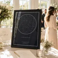 A framed star map standing beside the guestbook at a wedding reception, among white flowers and candles