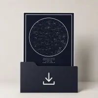 Personalised navy star map print resting in a download folder, captioned with names, place and date