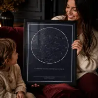 A mother and young child on a sofa holding a framed star map print of the night sky from a special date, with a message, place, and coordinates beneath the constellations.