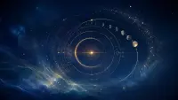Golden celestial chart with concentric orbital rings, moon phases, and a bright central star against a deep blue night sky.