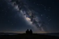 Two people stargazing beneath the Milky Way, with constellation lines overlaid across the night sky.